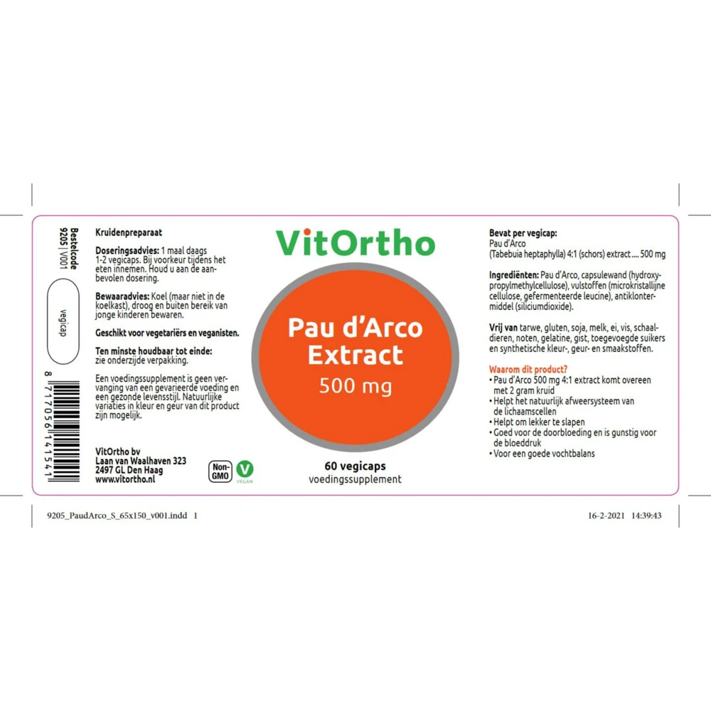 Vitortho Pau D’Arco Extract 500 Mg 4 Vitortho Pau D’Arco Extract 500 Mg - Afbeelding 2